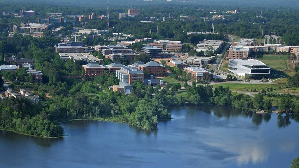 Aerial view of Centennial Campus and Lake Raleigh